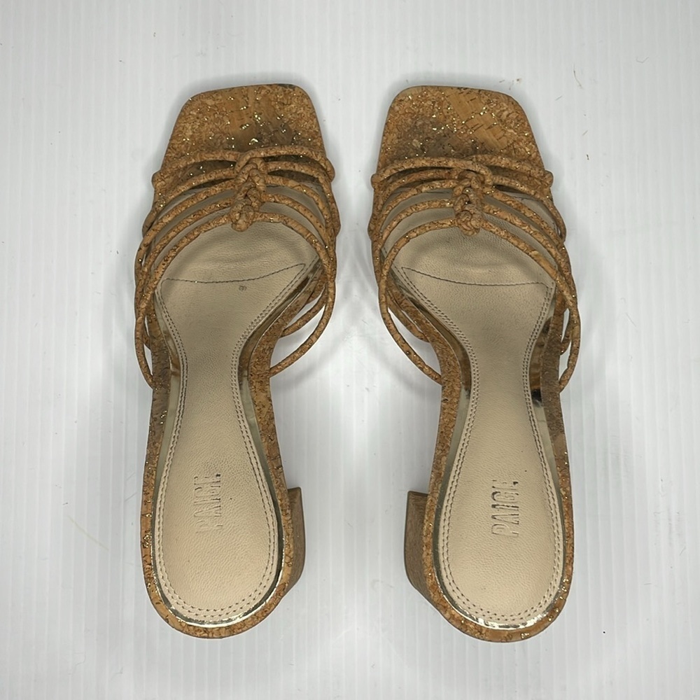 Paige Becca Block Heel Sandal Size 8 Tan Knot Strap Upper Gold Specs - Picture 6 of 14